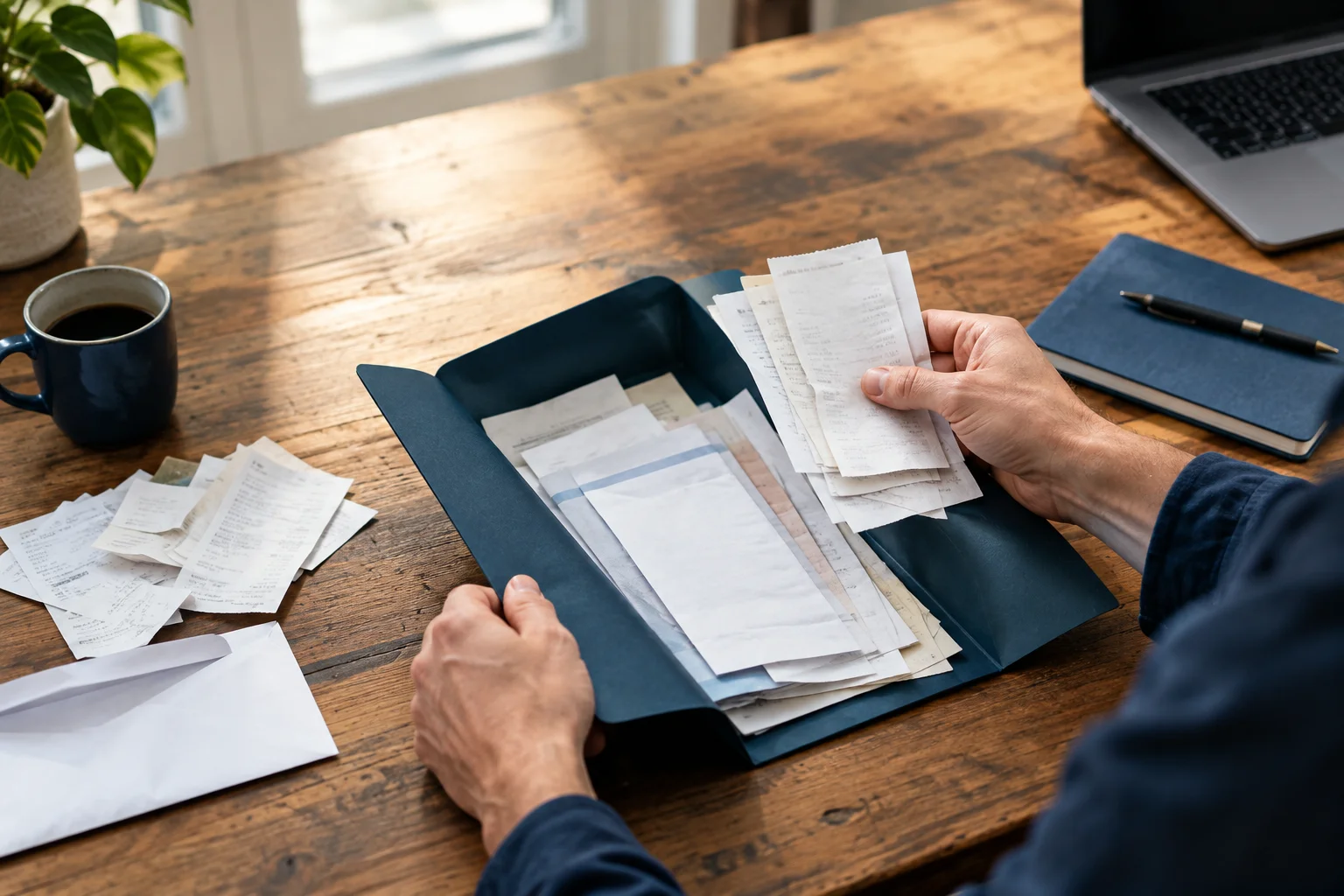 Hands gather receipts and statements into an open folder, with loose papers still on the wooden table.