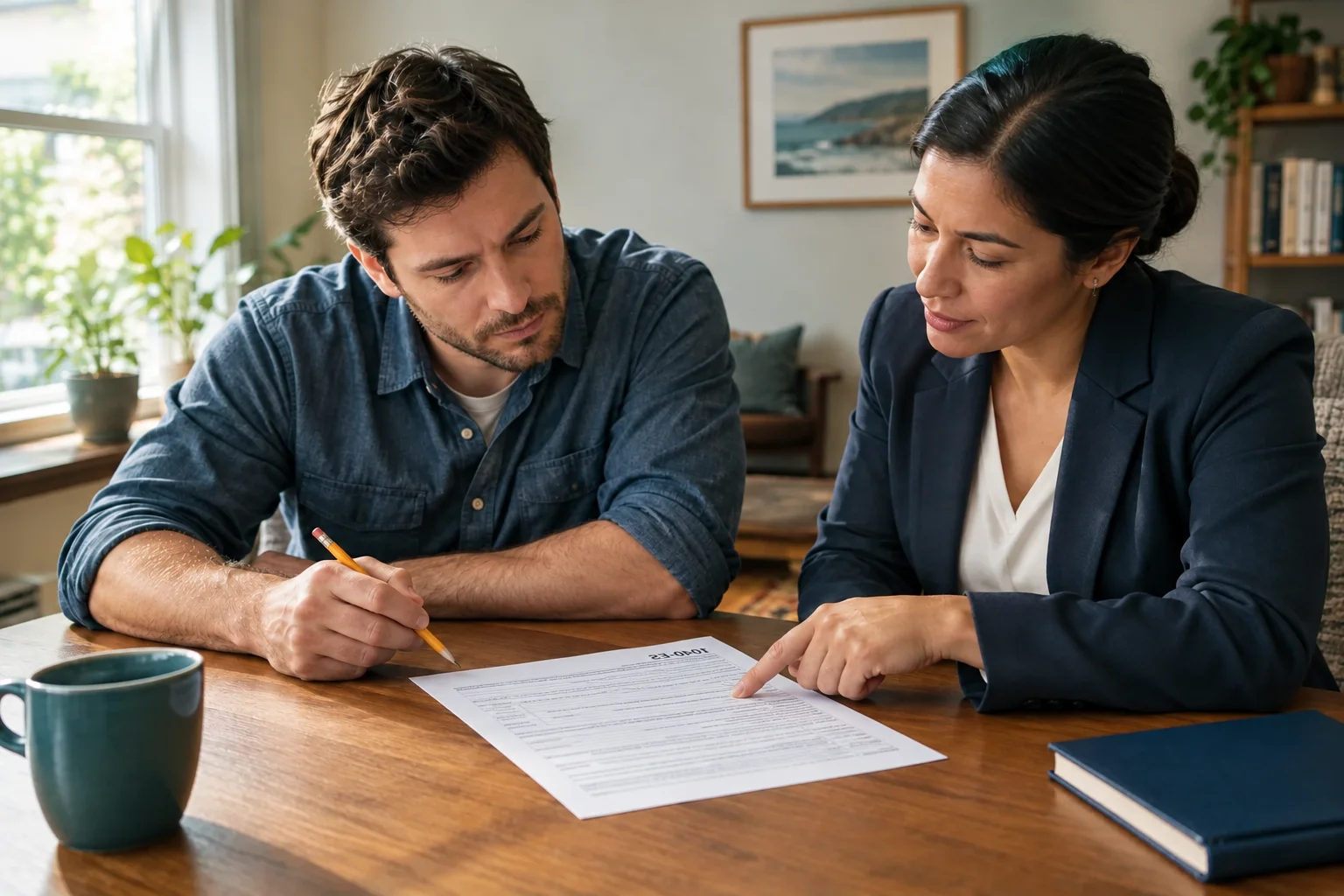 A freelancer holds a pencil while a tax preparer points to a shared worksheet marked 1040-ES.