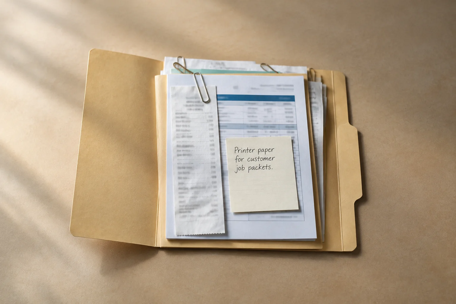 An open folder holds clipped receipt packets, with a payment printout and a note about printer paper on top.