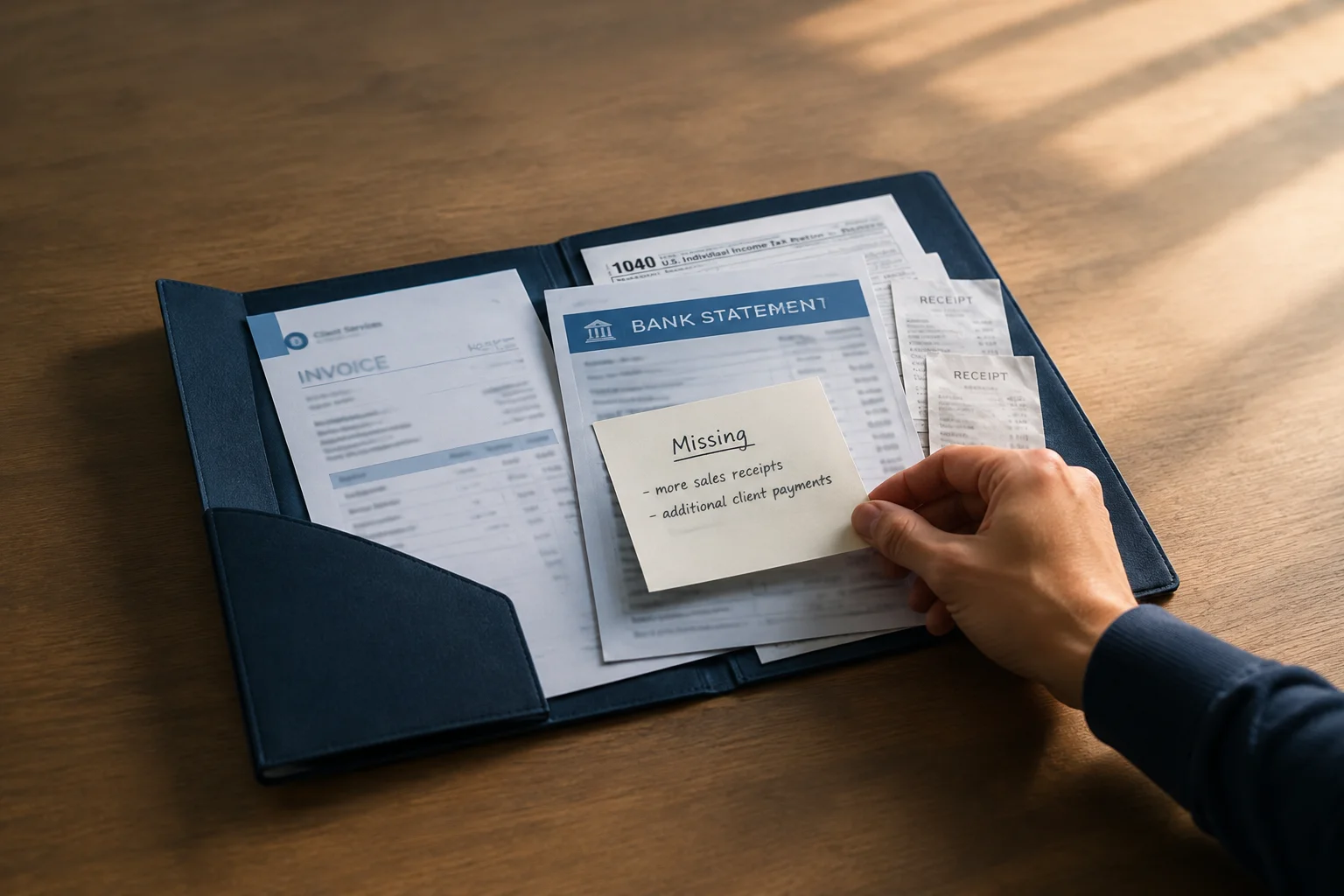A hand places a note headed “Missing” on invoices, receipts, a bank statement, and a partly covered tax form in a folder.
